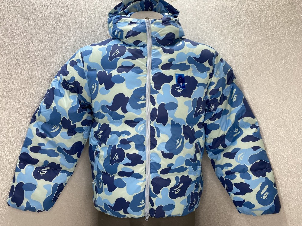 BAPE Mens Jacket Blue Size S ABC Camo Down Puffer Hooded Full Zip Polyamide