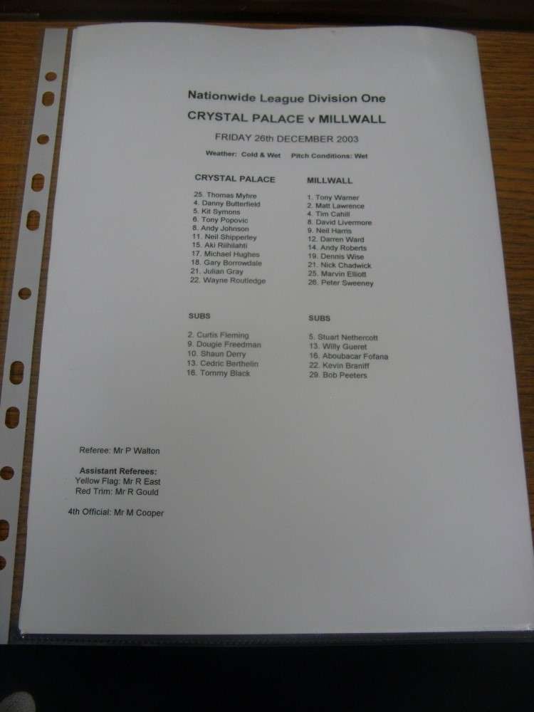 26/12/2003 Teamsheet: Crystal Palace v Millwall  (Single Sheet, Plain Version)