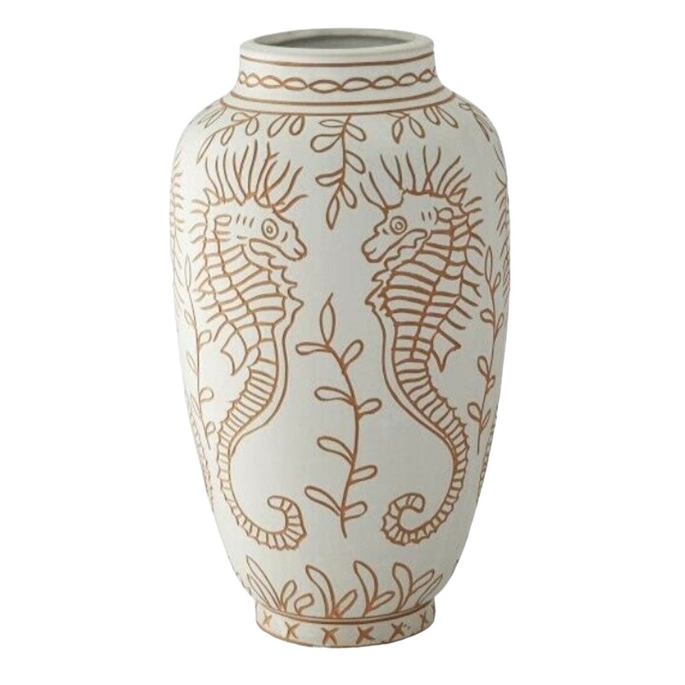 Williams Sonoma Nautical Seahorse Vase Aerin Carved Terracotta 12