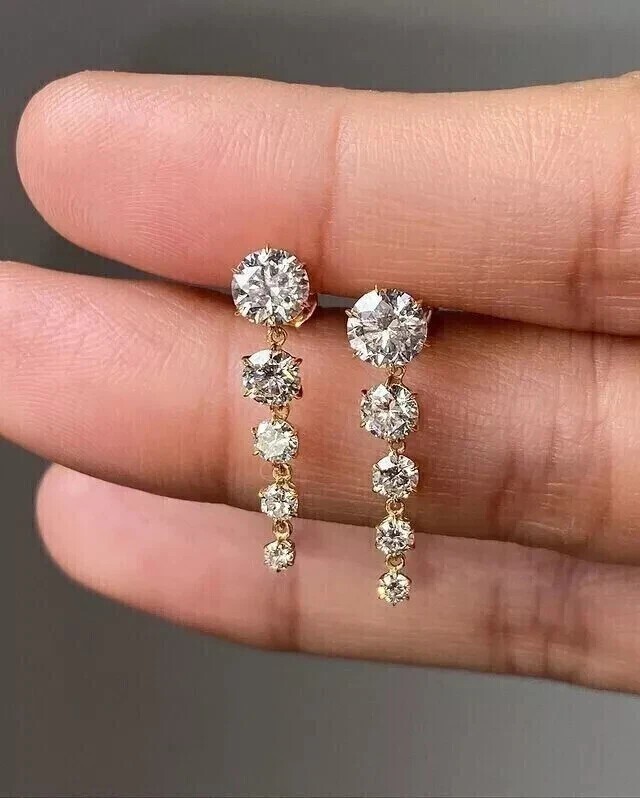2Ct Round Cut Simulated Diamond Drop/Dangle Earrings In 14K Yellow Gold Plated