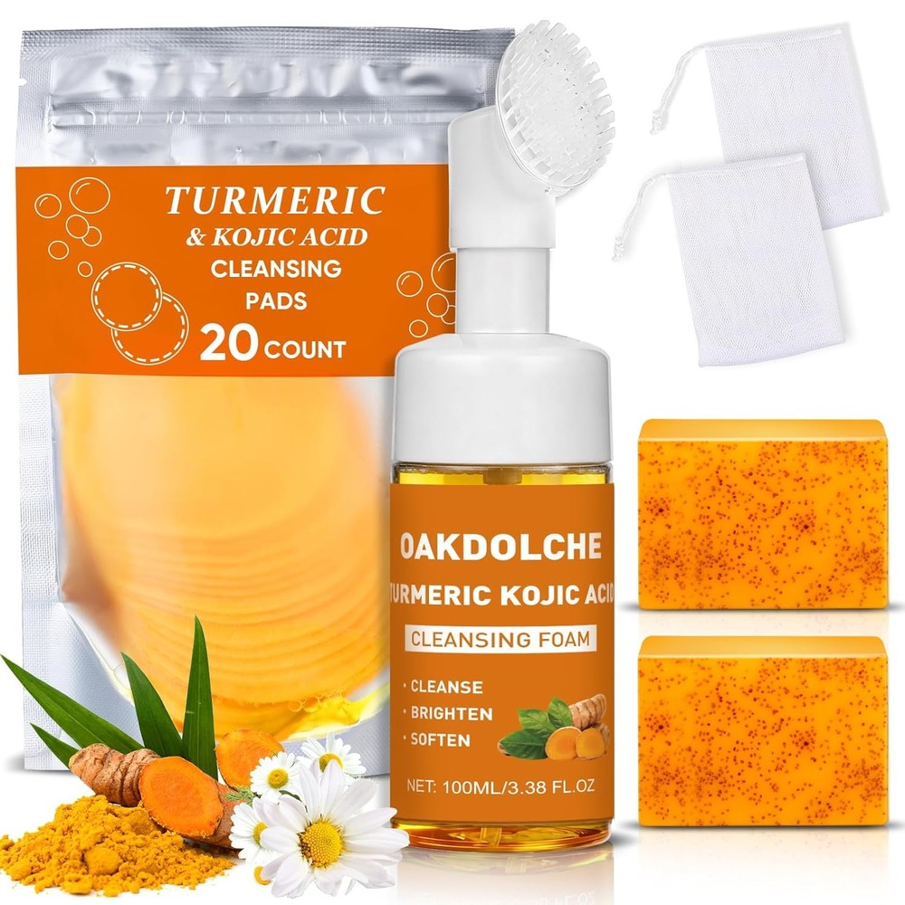 4Pcs Turmeric Wash Set-Turmeric Face Wash with Brush, 2 Turmeric Kojic Acid Soap