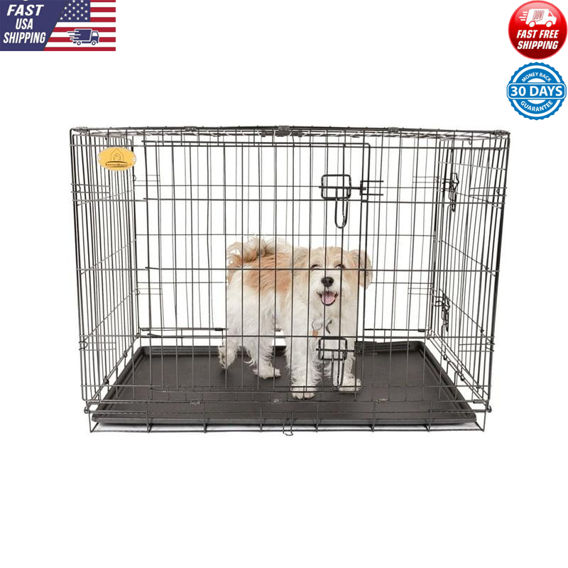 Durable Black XS Double Door Folding Wire Dog Crate with Rust Resistant Vinyl Coating-image