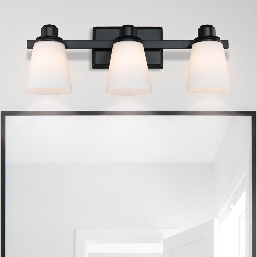 Bathroom Vanity Light with White Glass Modern Black 3 Light Wall Lights Fixture