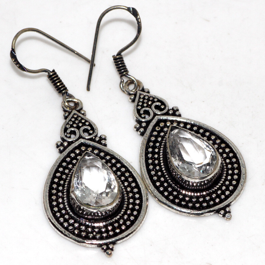 Crystal Topaz 925 Silver Plated 2-Inch Long Gemstone Earrings Gift JW