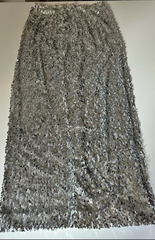 Silver Sequin Long Stretch Skirt in Size L for Elegant Glamour