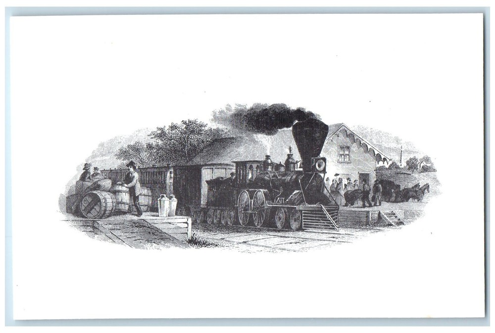 c1920 Early Steam Train At Depot Circa 1870 National Bank Note Co., NY Postcard