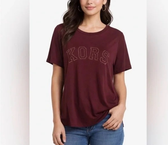 NWT Michael Kors Burgundy T-Shirt Studded Logo Womens 1X
