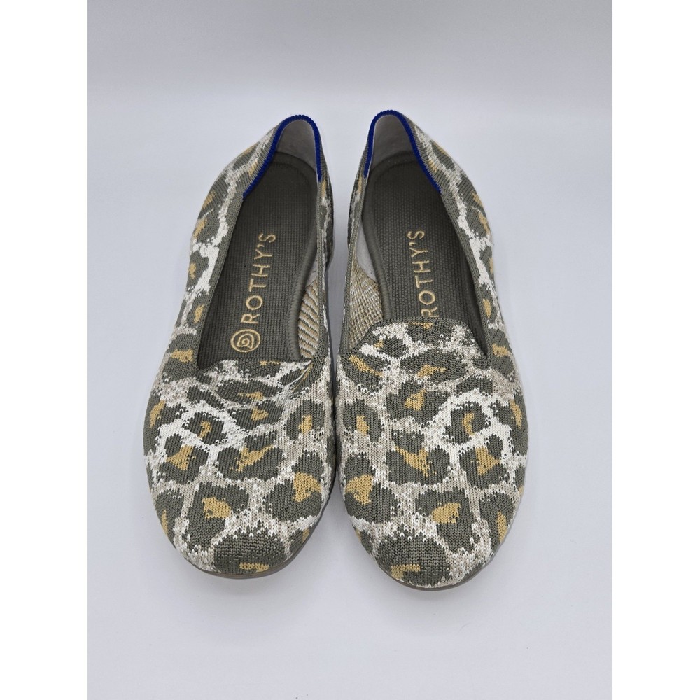 Rothys The Loafer Wildcat Leopard Print Knit Flat Shoes Womens 9.5 Olive Tan