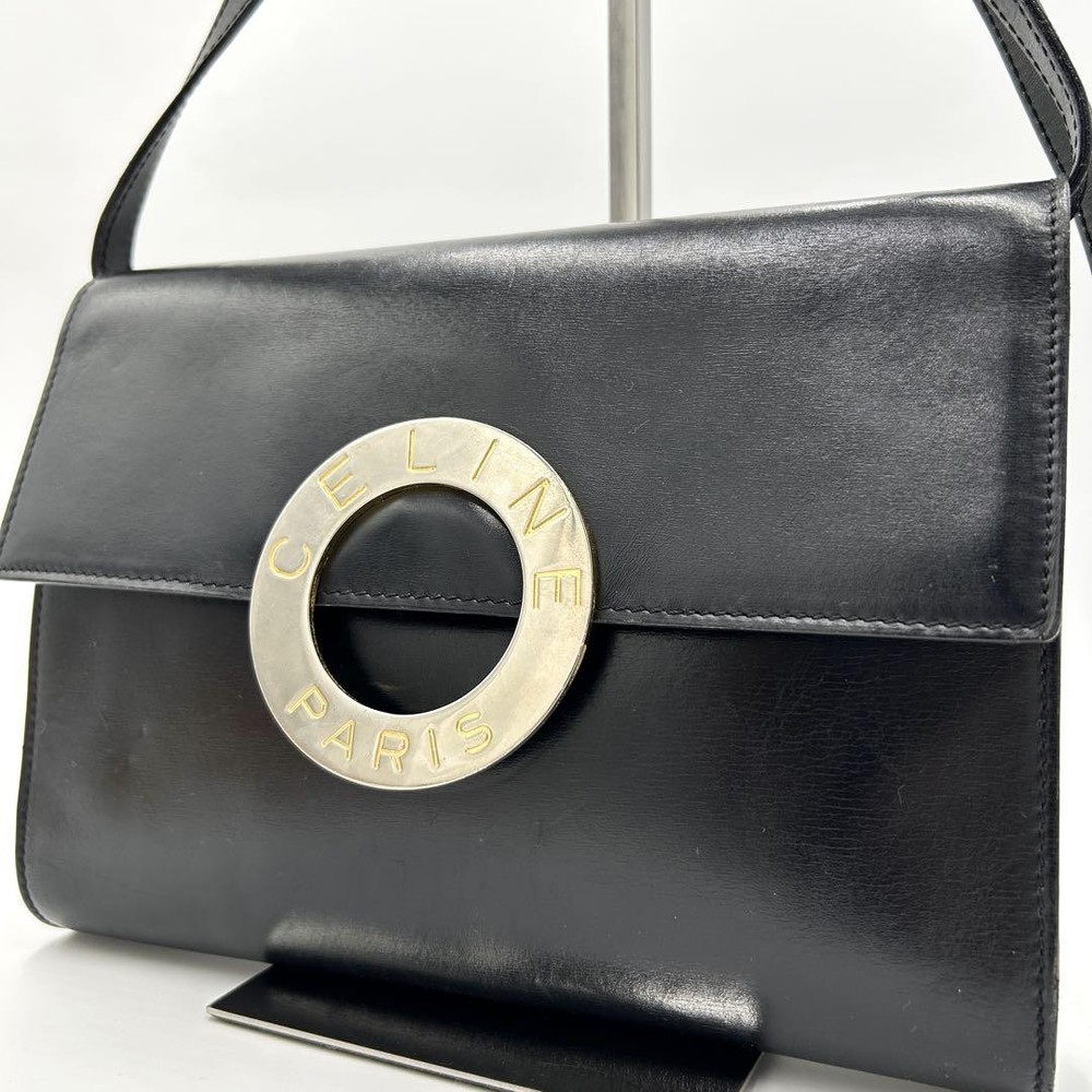 Celine Leather Shoulder Bag Circle Logo Hardware Black