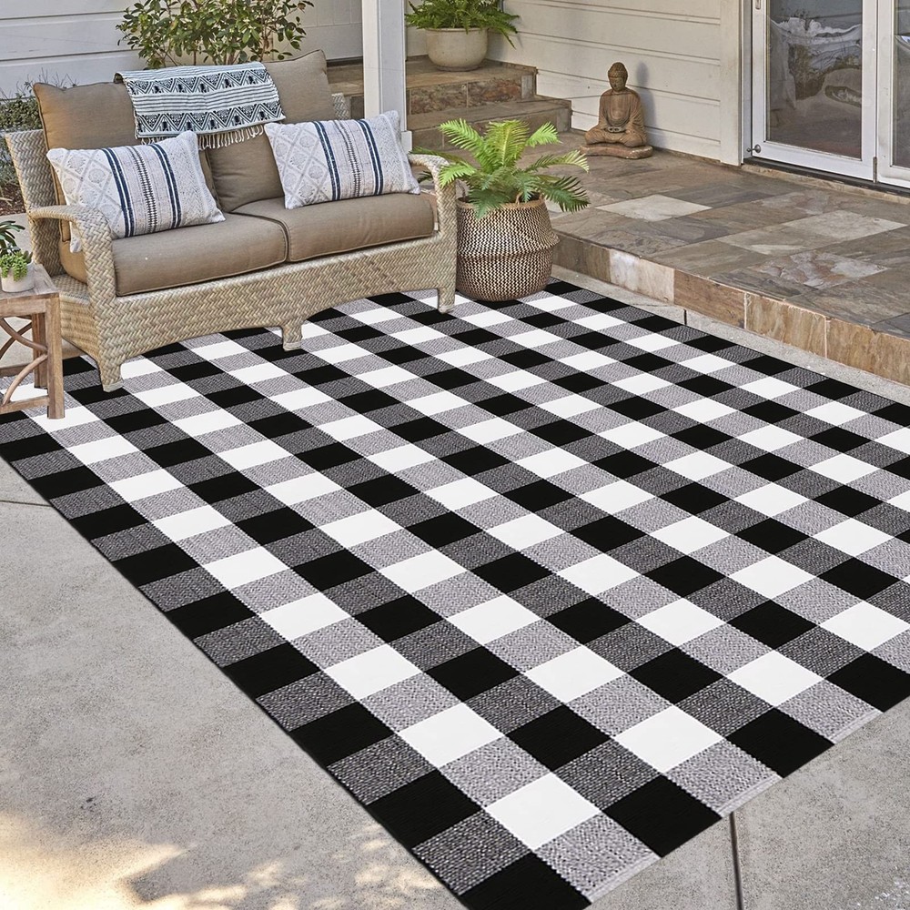 Buffalo Plaid Outdoor Rugs, 5'x7' Black and White Checkered Area Rug, Washabl...
