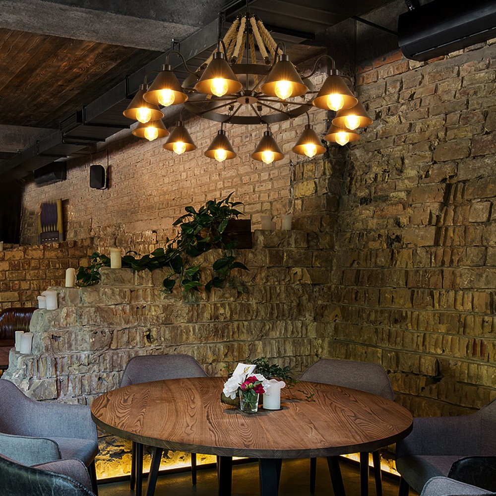 12-Lights Rustic Farmhouse Chandelier Industrial Pendant Hemp Rope Ceiling Lamp