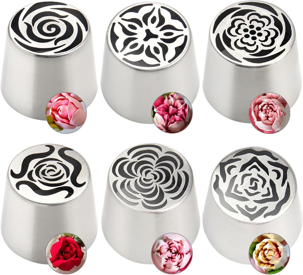 6Pack Extra Large Flower Russian Piping Tips Set, Stainless Steel Rose Tulip Ici