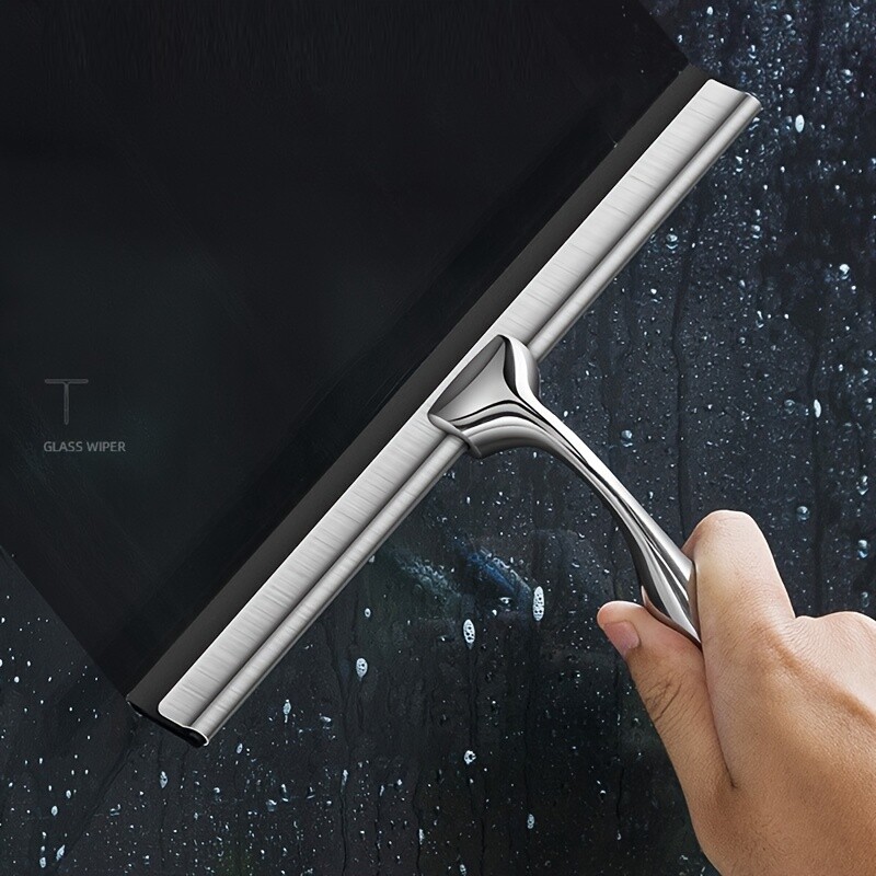 Stainless Steel Shower Squeegee 10 Inches Silicone Blade Clean Tool Storage Hook