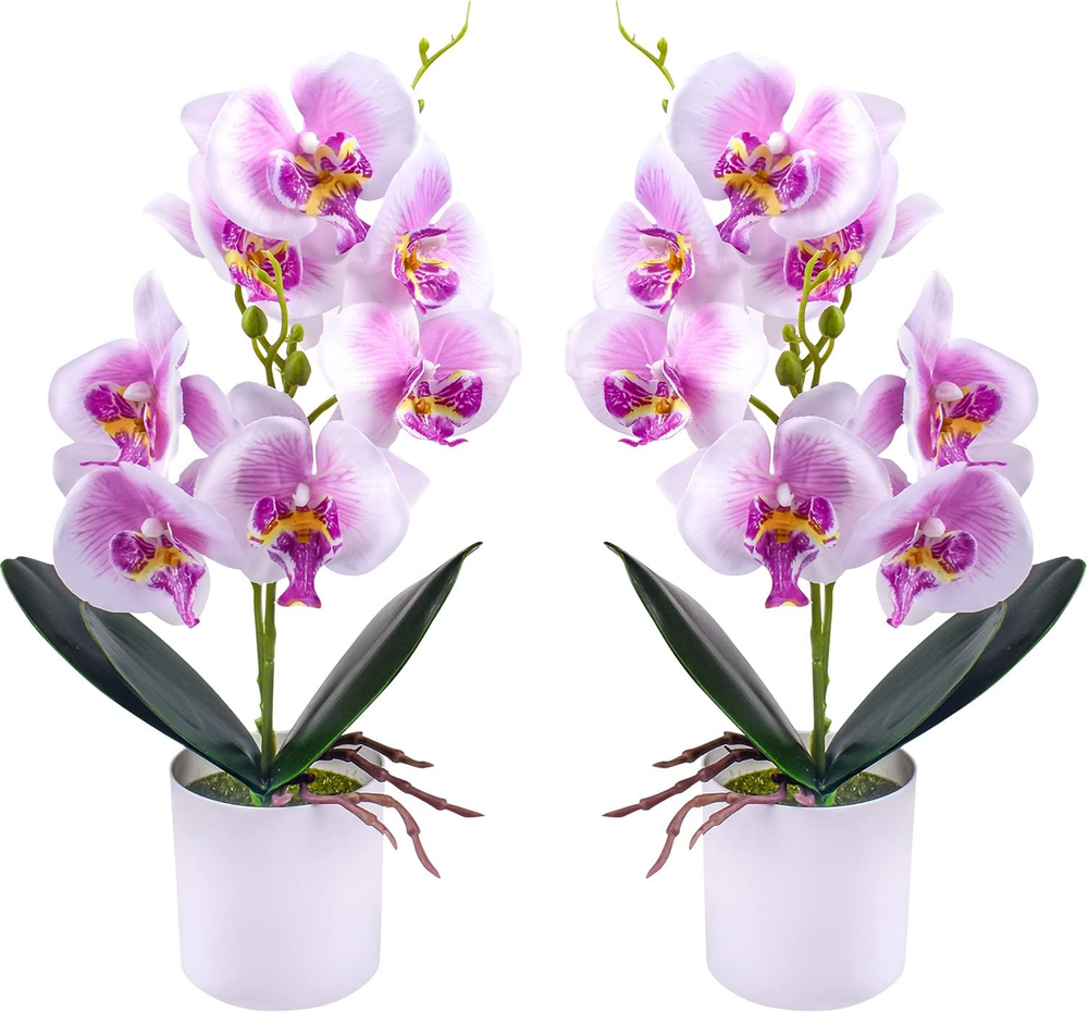 Artificial Orchid Flowers in Plastic Vase 2-Piece Set for Table Decor