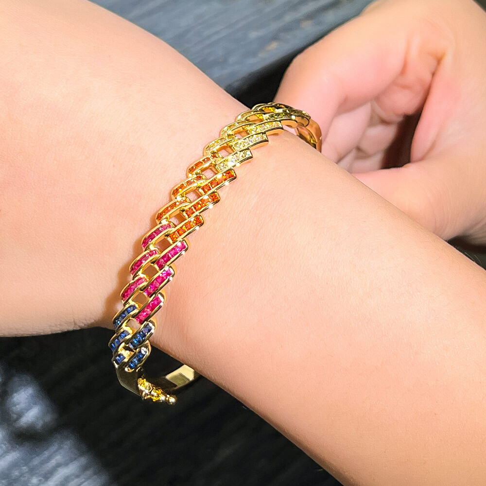 Boho Rainbow CZ 18k Gold Plated Twist Cuban Cuff Bangle