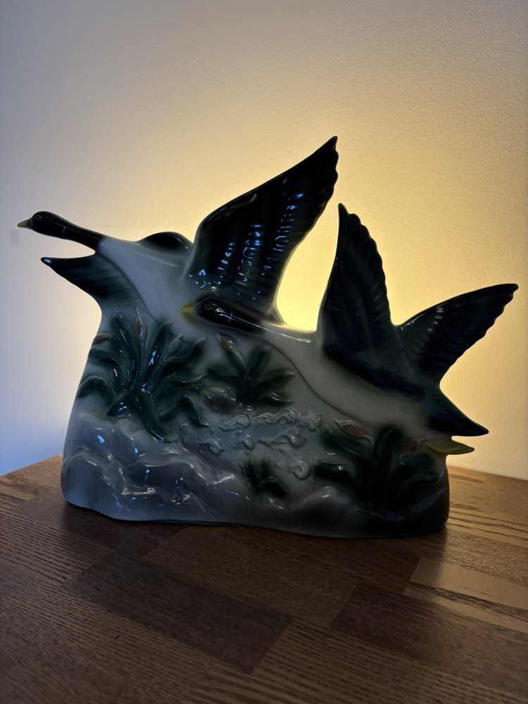vintage MCM ceramic lamp , flying mallard ducks