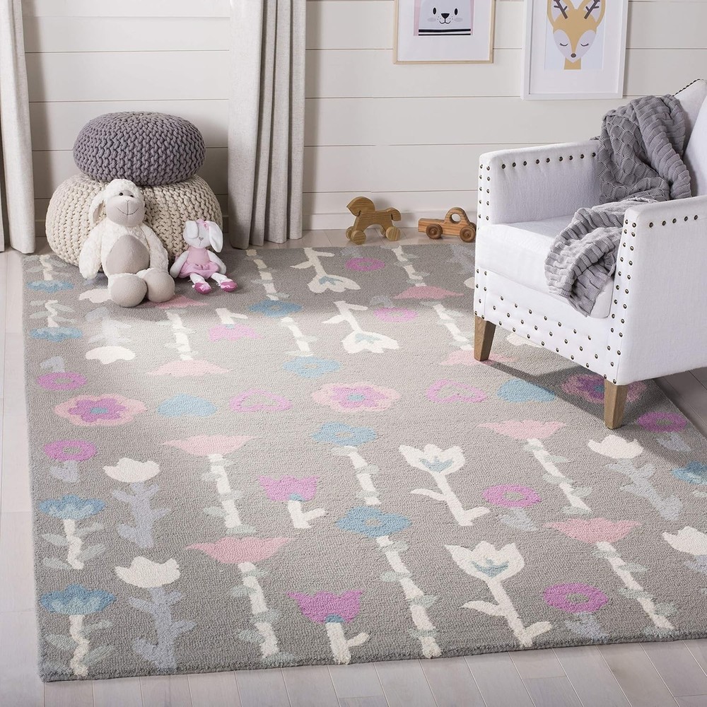 Area Rug - 5' x 8', Grey & Pink, Handmade Floral Wool, Ideal for High Traffic A