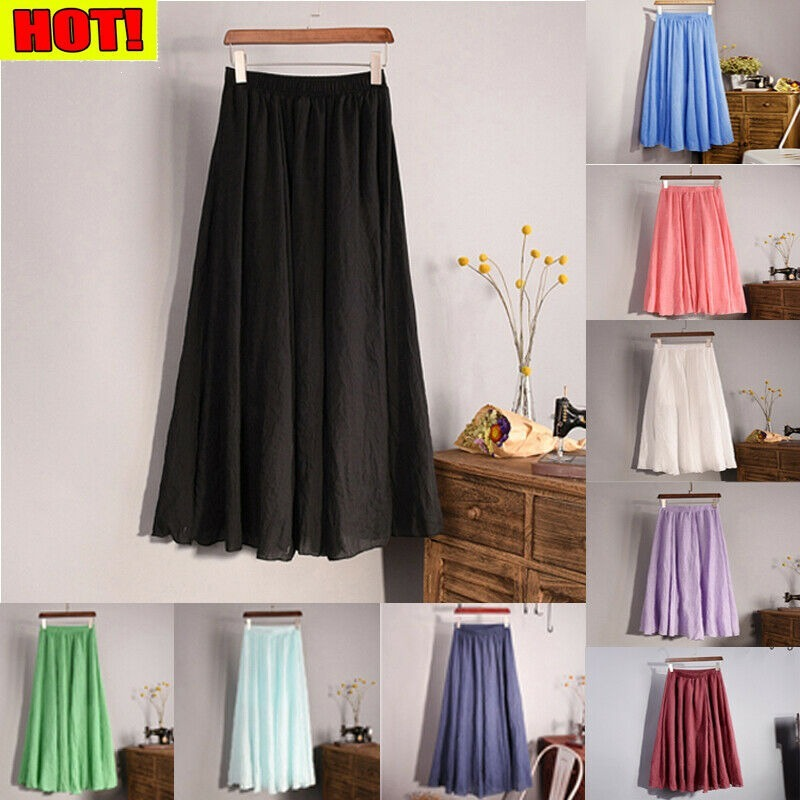 Womens Lady Cotton Linen Pleated Maxi Long Beach Boho Skirt Vintage Casual Dress