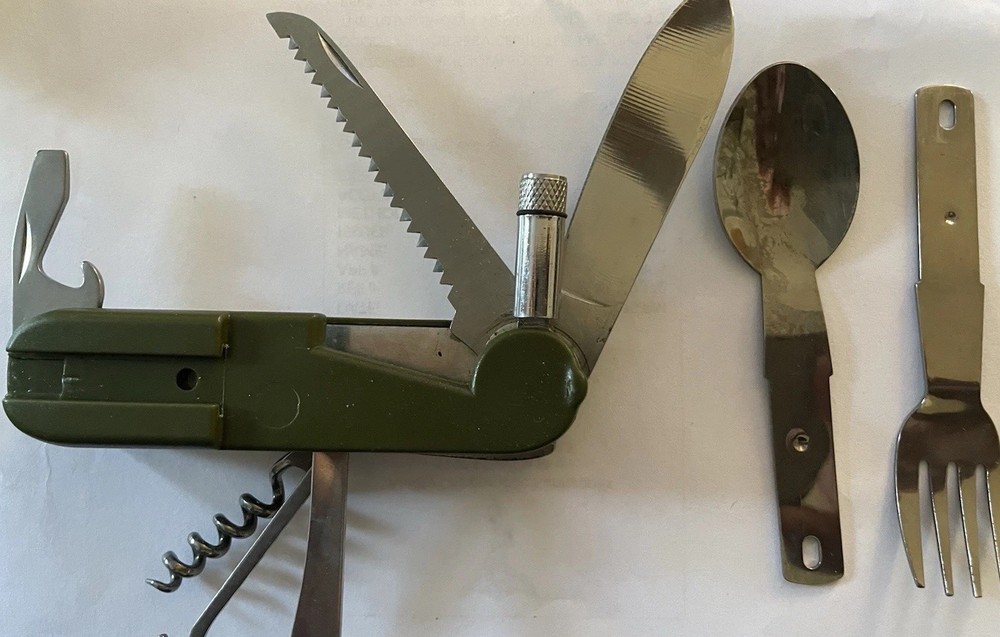 Utensil  Knife , Multi Tool . Spoon Fork Flashlight Sheath Great For Camping