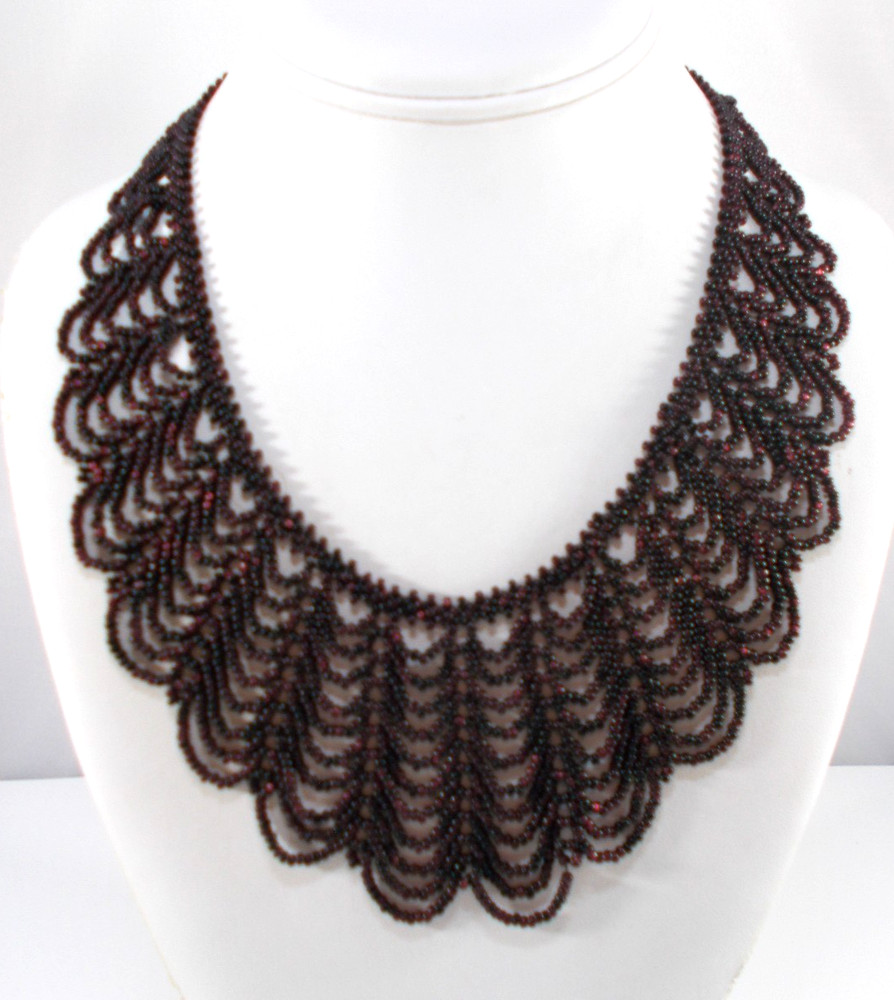 Iridescent Black Red Woven Seed Bead Scalloped Collar Bib Necklace
