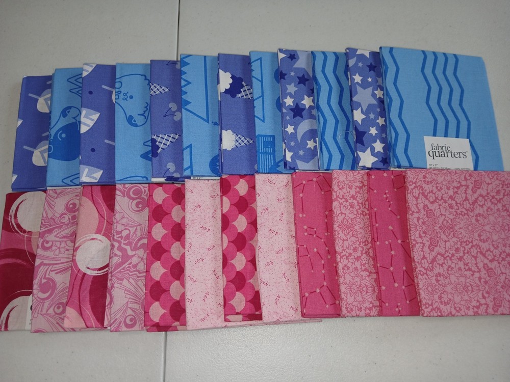 Lot of 24 Fat Quarters, blue & pink, 12 different prints/ 2 of each. Cotton