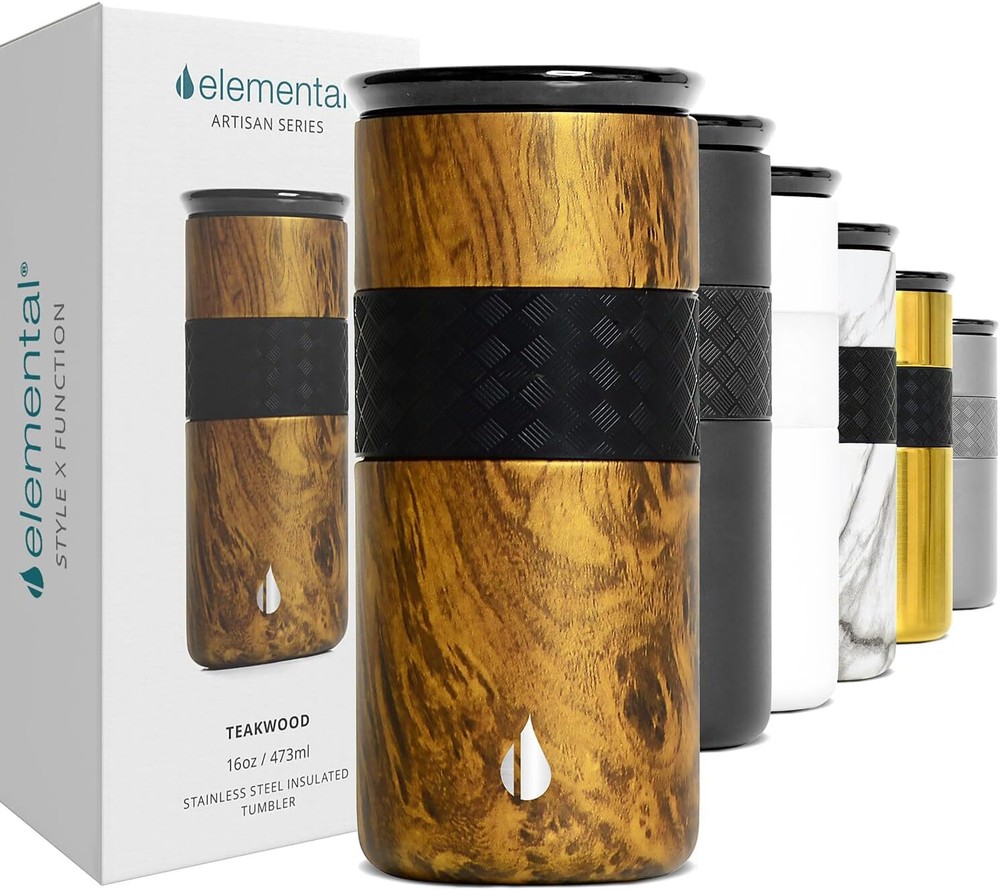 Elemental Artisan Insulated Tumbler, Triple Wall Coffee Travel Teak Wood