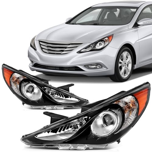 Headlights for Hyundai Sonata 11-14 Chrome Housing Amber Reflector Driver & Pass