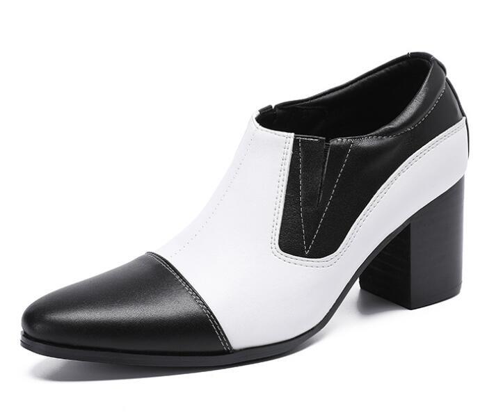 Men's Pointy Toe Color Matching Leather Shoes Fashion Party Block High Heels