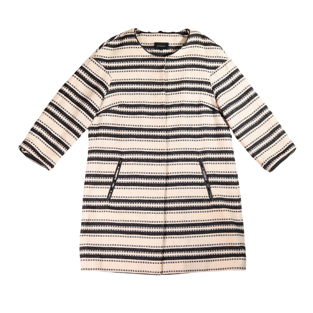 Autograph Woven Texture Mid-Length Jacket UK 12 Black Cream Striped Snap Closure