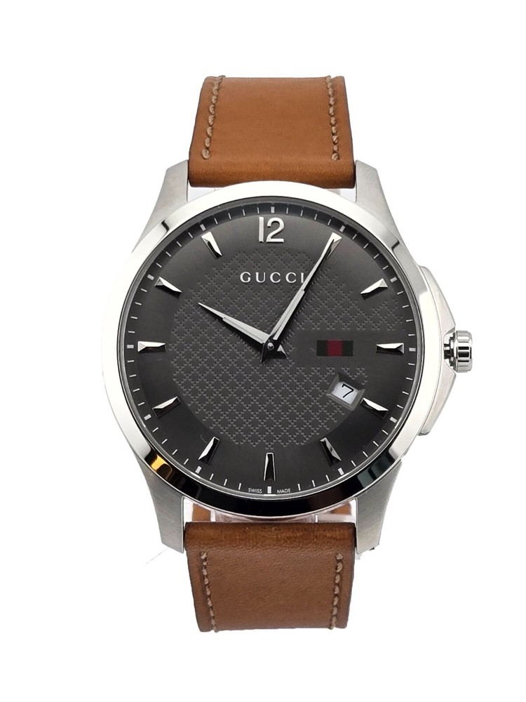 Gucci G-Timeless Mens Dark Gray Leather Watch YA126302 $950 MSRP