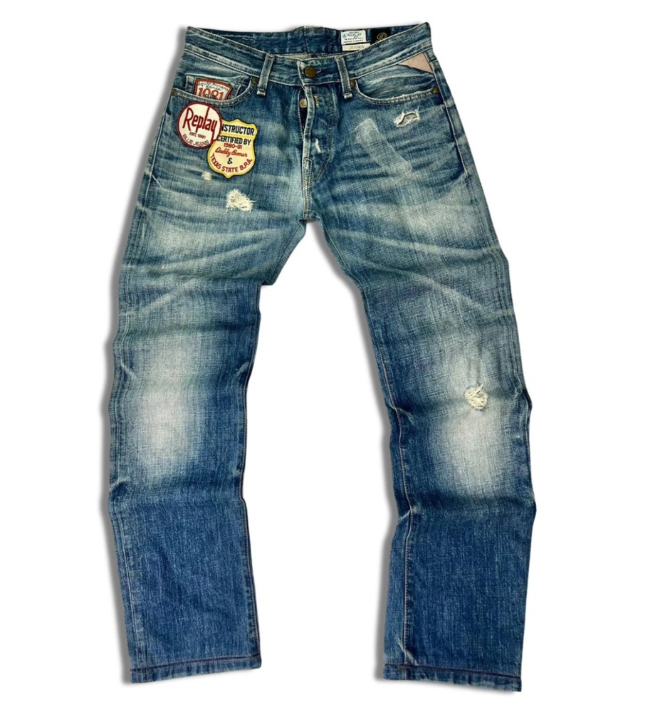 Replay Jennon Y2K Straight Jeans W30 L34 Blue Patch Distressed Button Fly