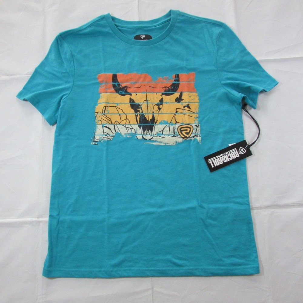 Rock & Roll Denim Unisex SM Short Sleeve Steer Skull Graphic T-Shirt Turquoise