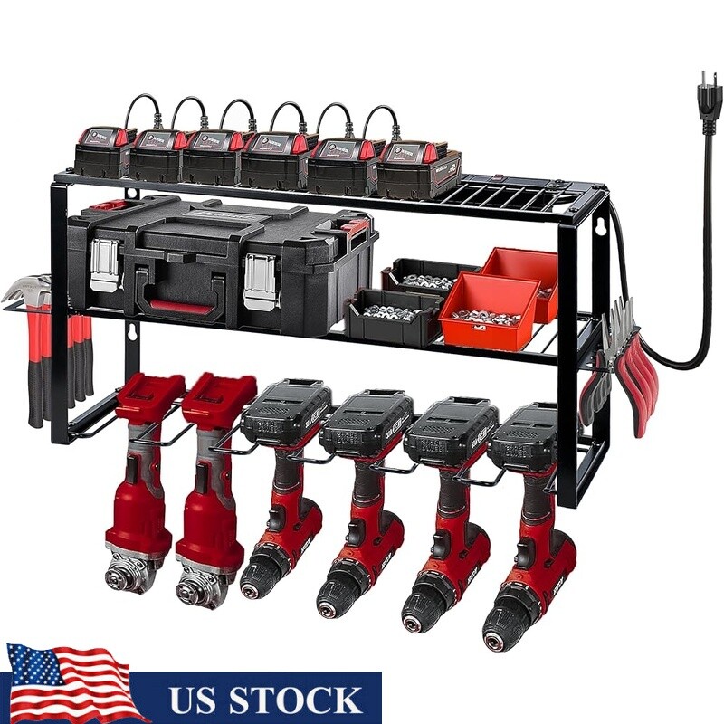Heavy Duty Wall Mount Power Tool Organizer with 6 Drill Holder and Charging Station  