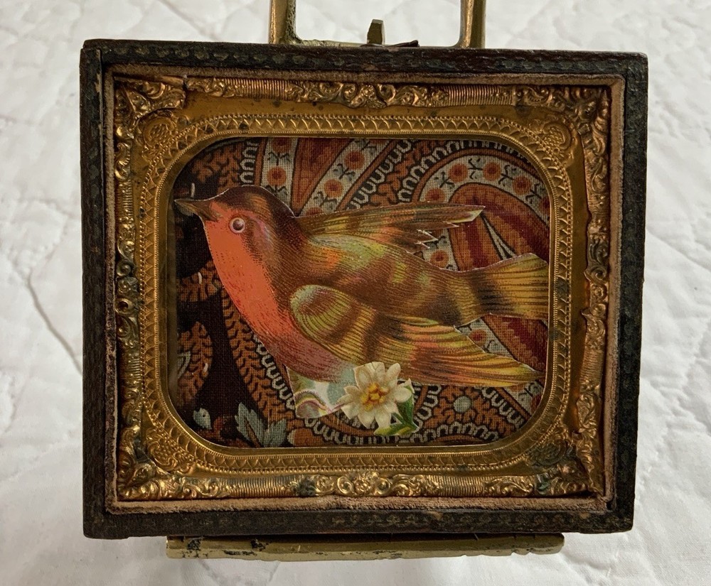 Vintage Antique Victorian Trade Card Ephemera Framed, Union Case, Bird W/ Flower