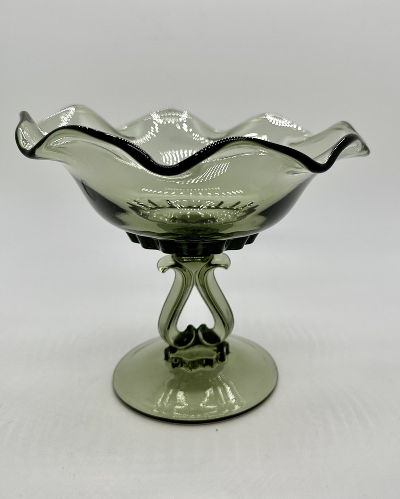 Vintage Gray Smokey Glass Viking Princess Ruffled Pedestal Bowl 6 Inch