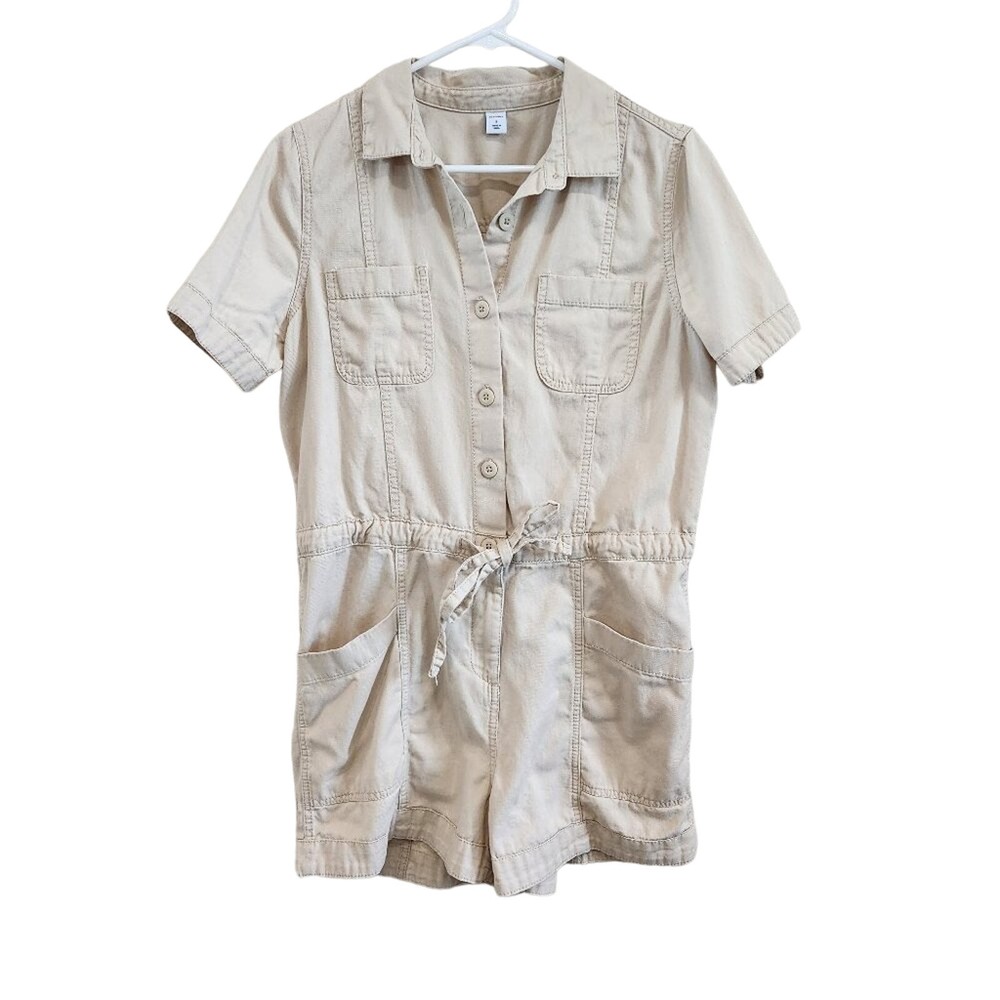 Old Navy Cotton Short Sleeves Button Front Waist-Defined Utility Romper in Ecru