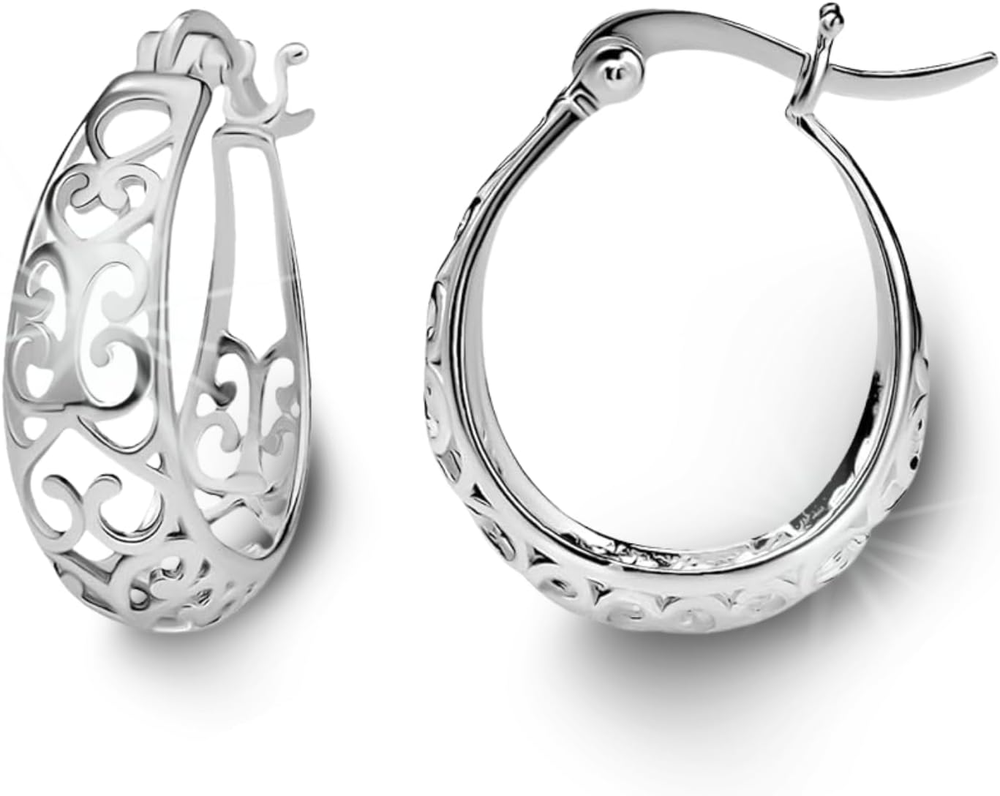 Earrings for Women – Oval Filigree Trendy Fashion Hoop Earrings – Sterling Silve