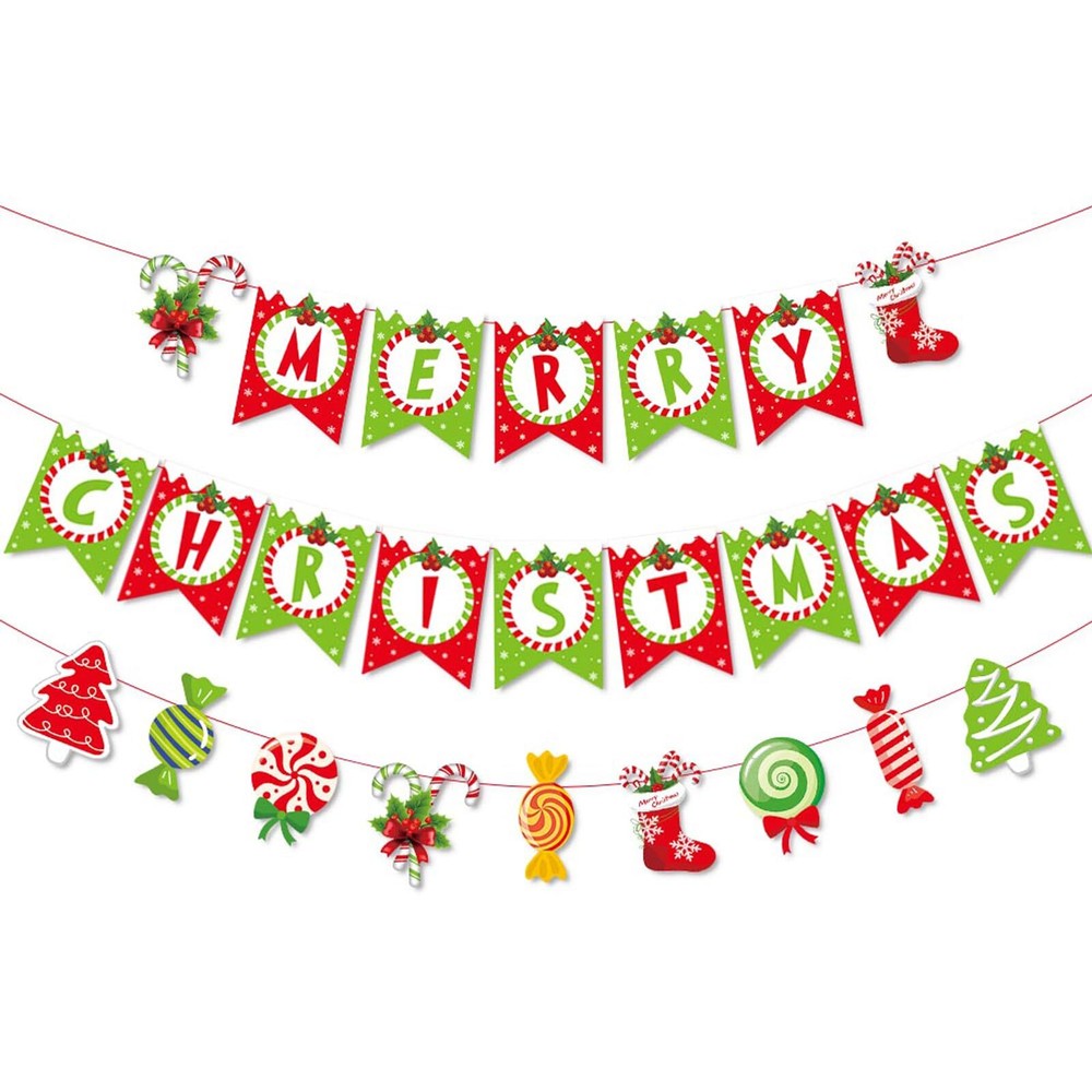 Christmas Party Decorations Red Green White Merry Christmas Banner Hanging Pa...