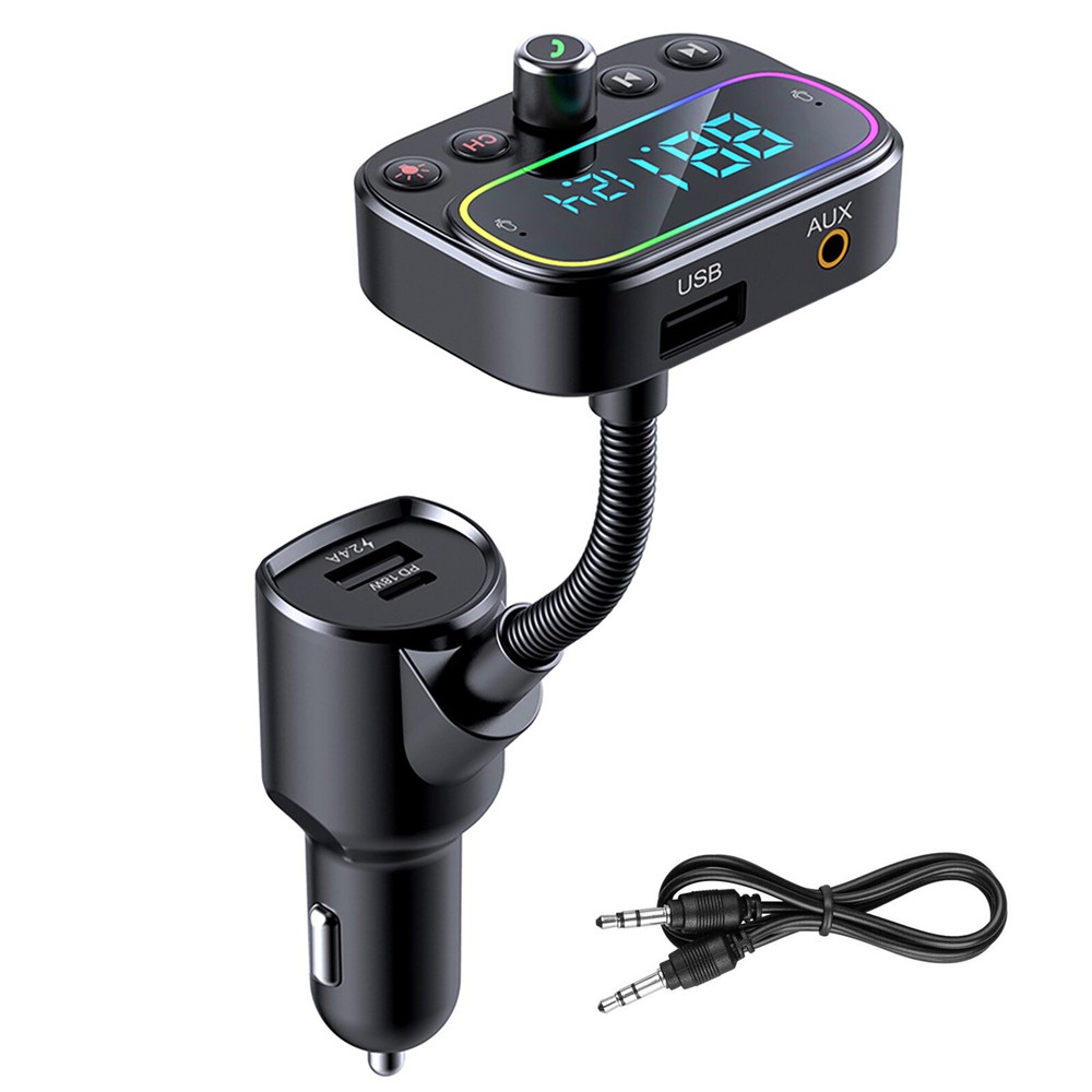 Bluetooth 5.0 FM Transmitter with 18W PD Fast Charge 3 USB Ports & Hands-Free AUX