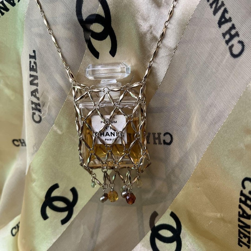 Chanel Perfume Bottle Necklace Old Classic Beaded Gold Chain Used