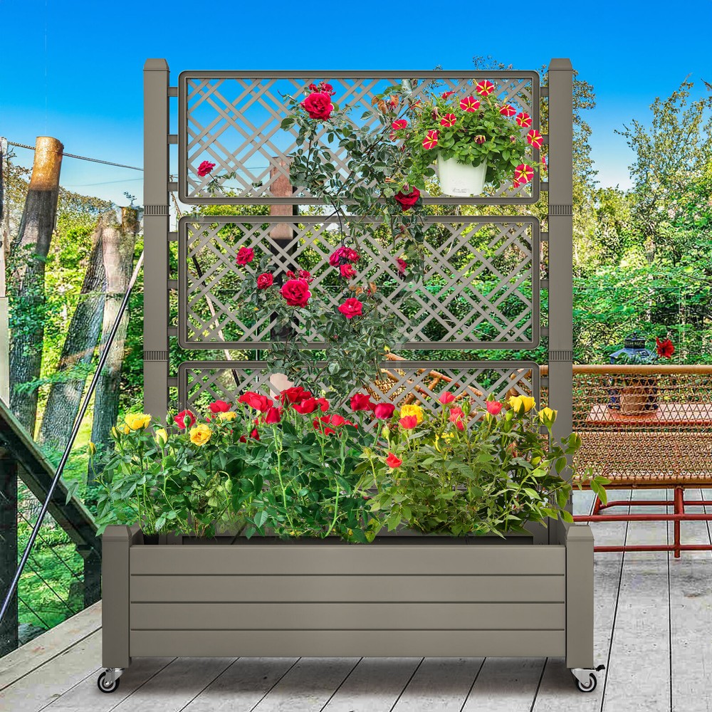 1PC Outdoor Resin Raised Garden Bed Climbing Planter Box with Trellis and Wheels