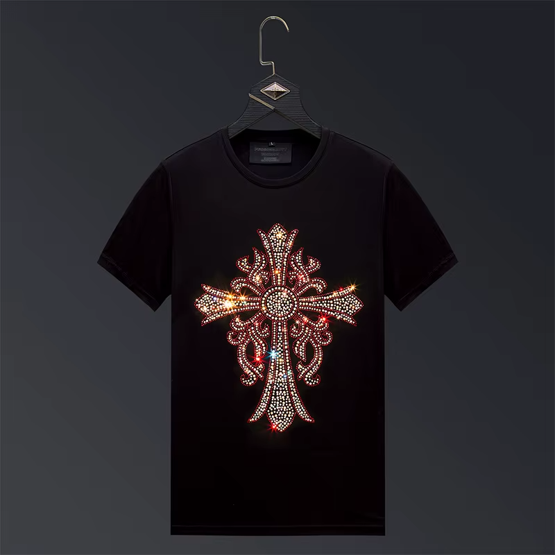 New Fashion Cross Rhinestone Summer Short Sleeve Luxury Men Streetwear T-Shirt