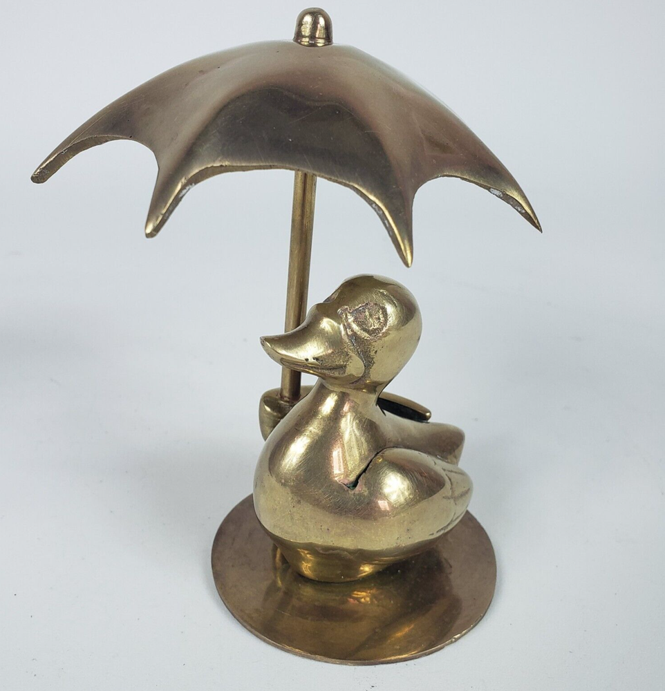 Vintage 5-inch Brass Duck with Umbrella Rain Figurine Home Decor