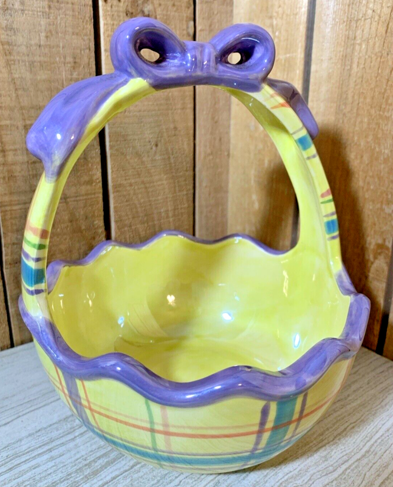 Ceramic Spring Easter Basket Candy Dish Bowl Yellow Purple Bow Handle 6