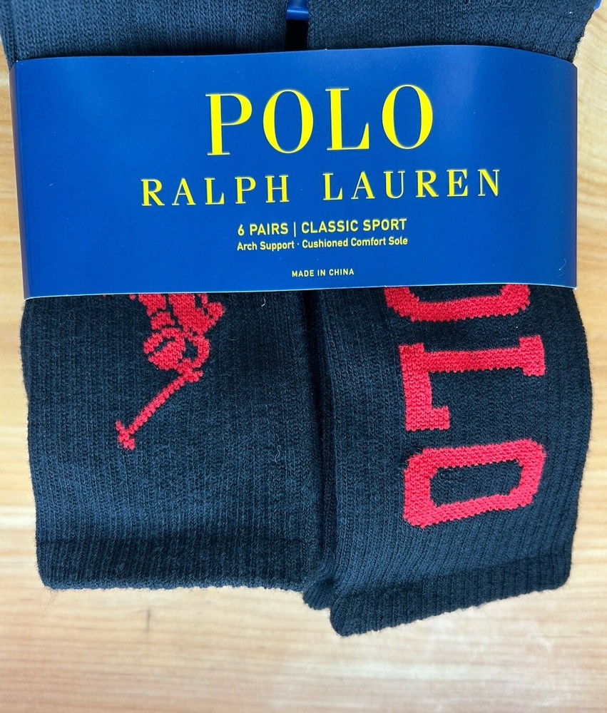 Men’s Black Ralph Lauren Classic Sport Crew Socks 6-Pack Size 10-13 with Red Pony Logo