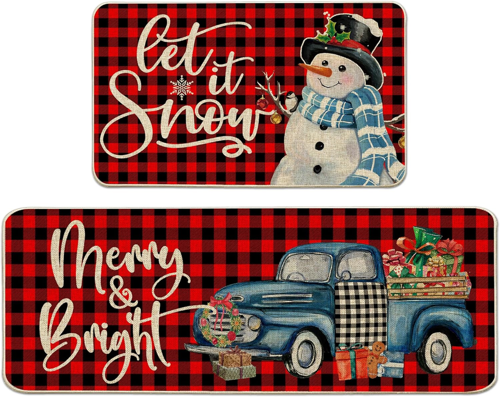 Christmas Kitchen Mats Set of 2, Christmas Kitchen Rugs and Mats Farmhouse Snowm