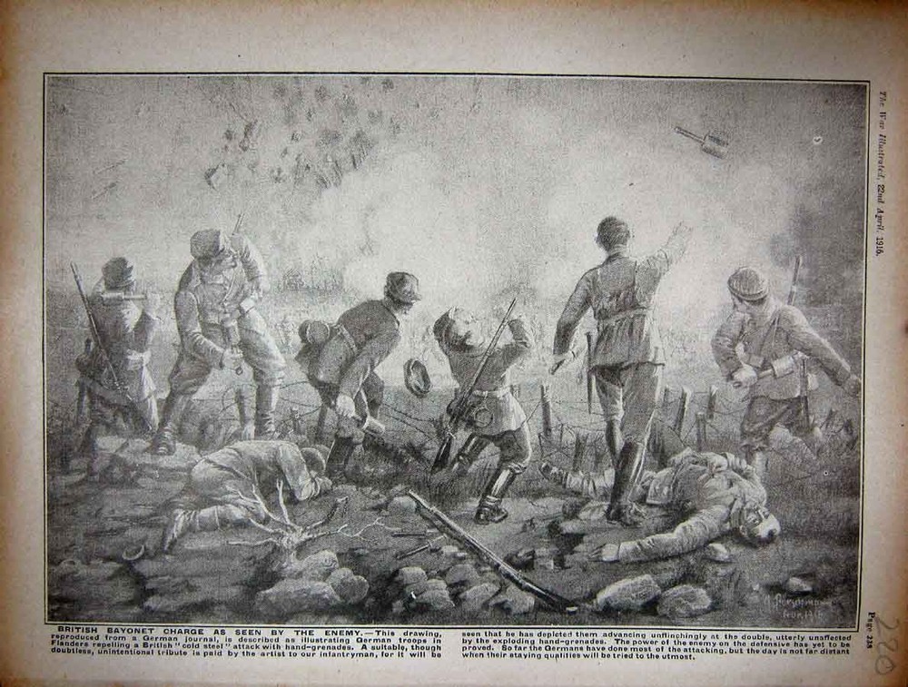 Original Old Antique Print 1916 Ww1 German Siers Charge Flanders Grenades 20th