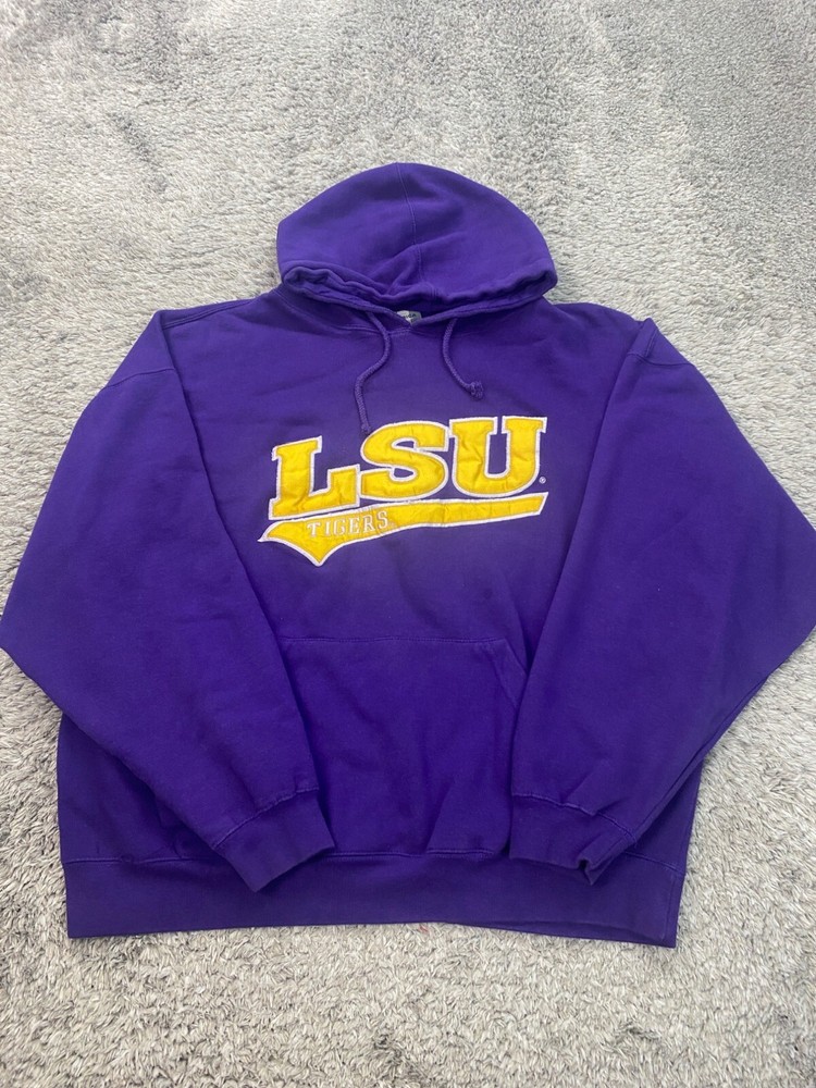 Vintage 90s LSU Tigers Purple Embroidered NCAA Pullover Hoodie Mens 2XL