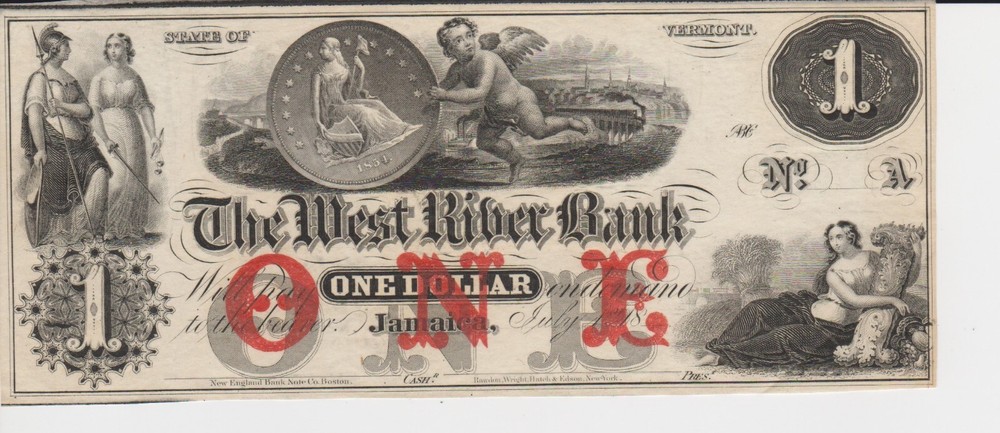 $1 Obsolete Note West River Bank Note Jamaica Vermont CU