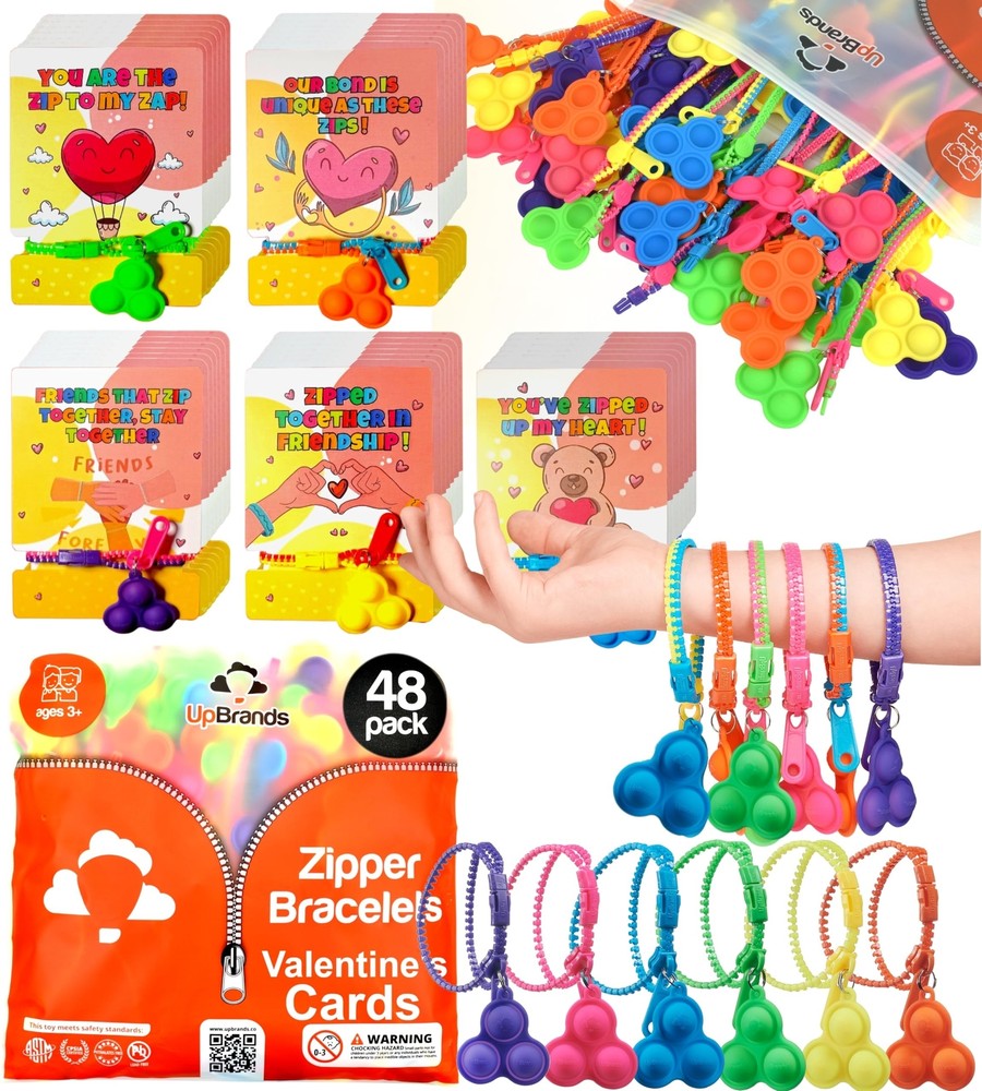 UpBrands 48-Pack Pop-It Zipper Bracelets with Valentine's Day Cards - Perfect...